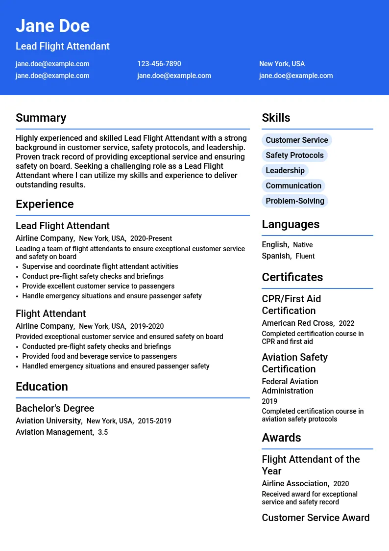 Lead Flight Attendant resume example