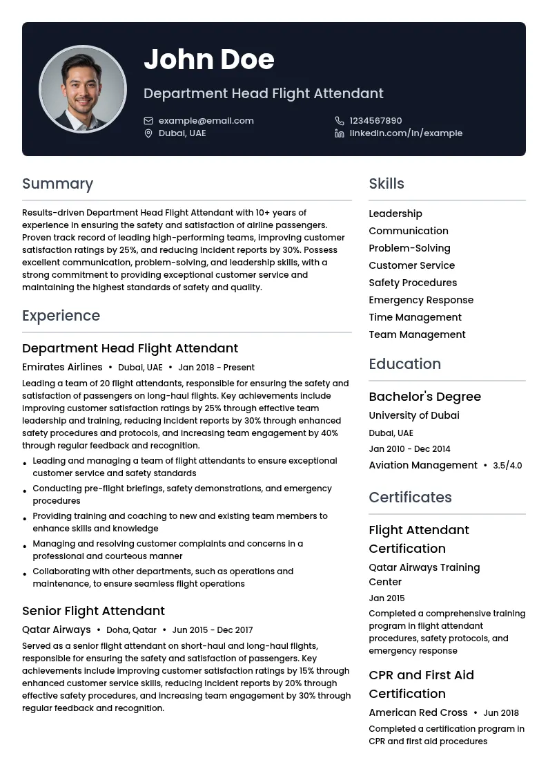Department Head Flight Attendant resume example