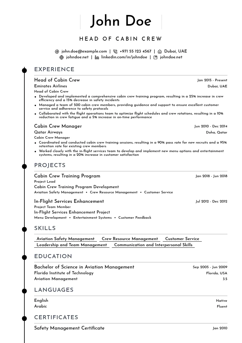 Head of Cabin Crew resume example