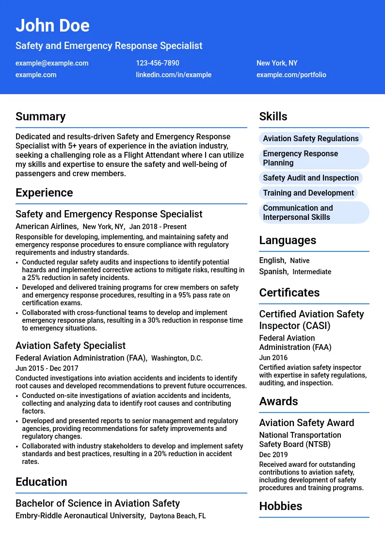 Safety and Emergency Response Specialist resume example