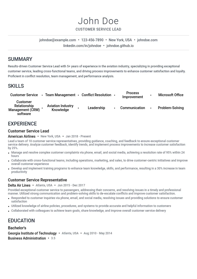 Customer Service Lead resume example