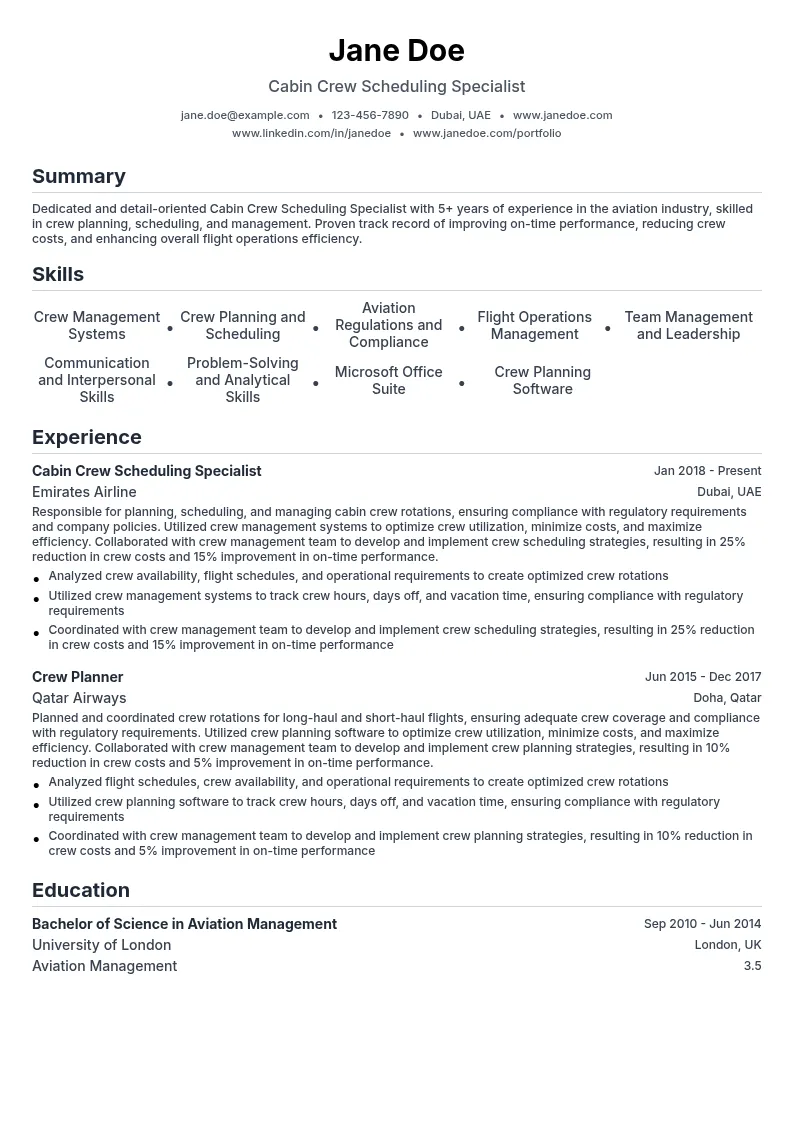 Cabin Crew Scheduling Specialist resume example