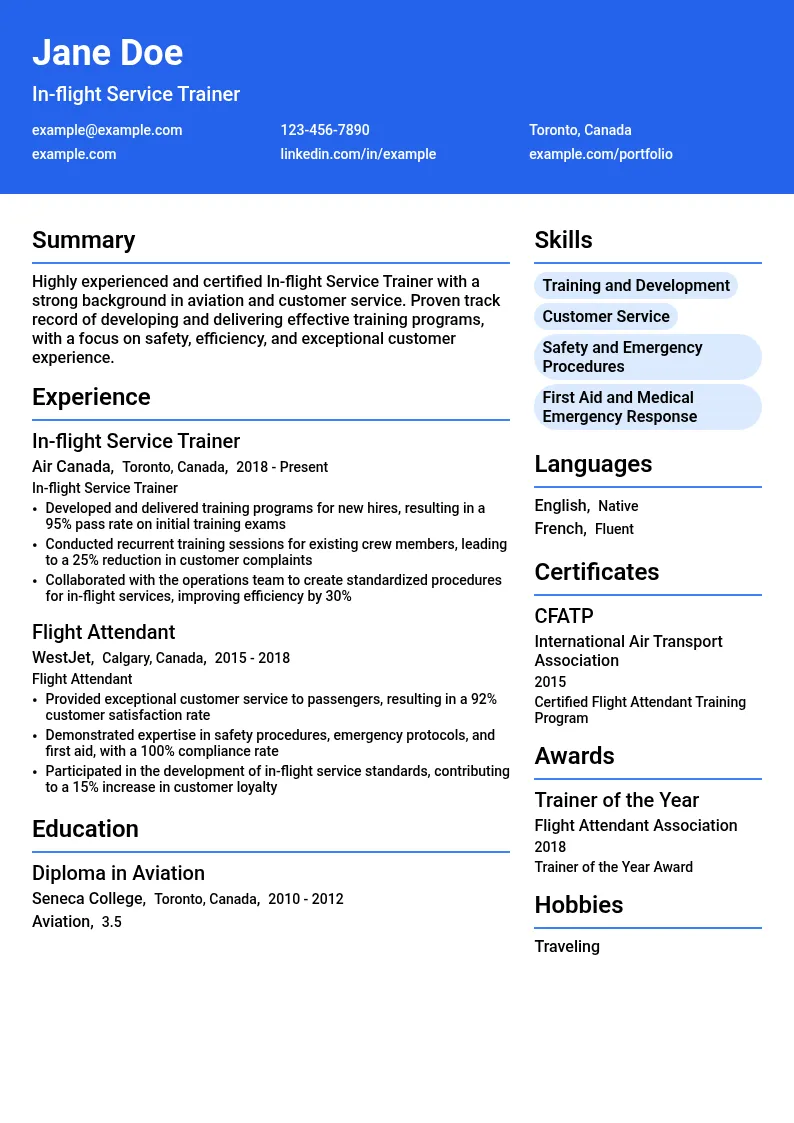 In-flight Service Trainer resume example