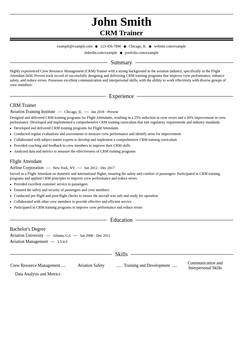 Crew Resource Management (CRM) Trainer resume example