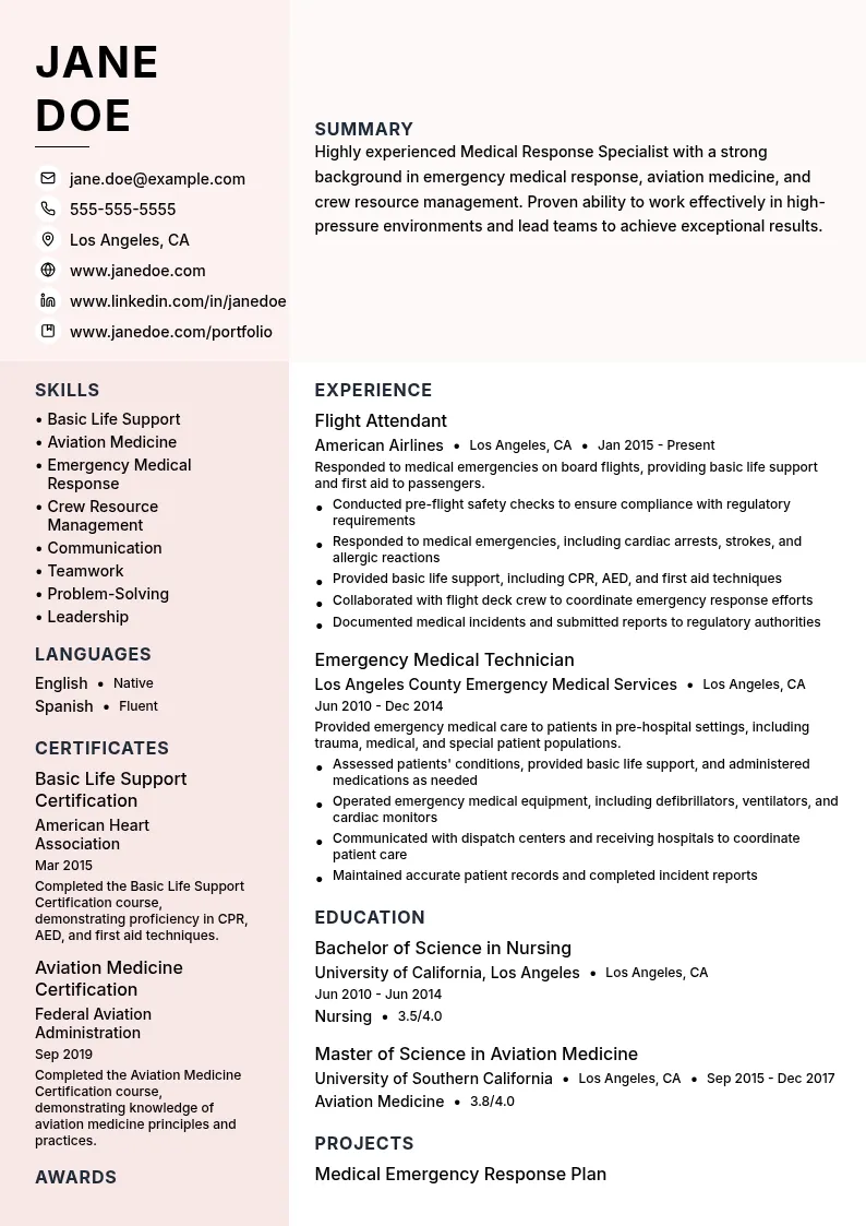 Medical Response Specialist resume example