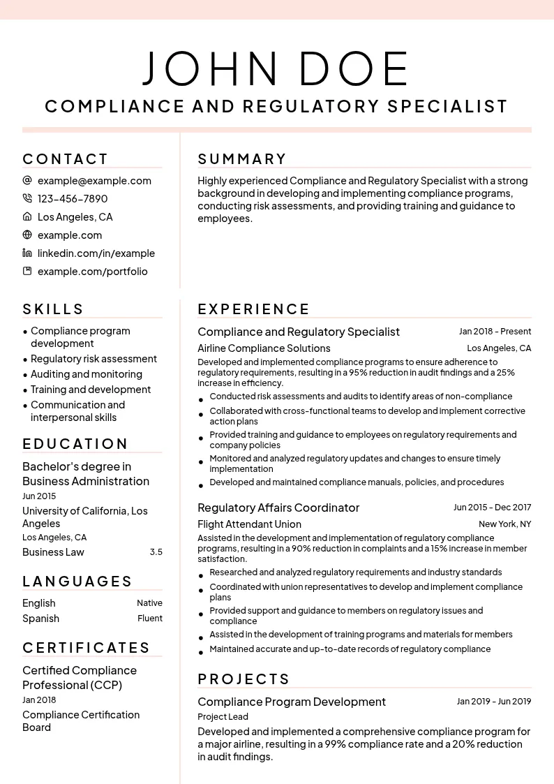 Compliance and Regulatory Specialist resume example
