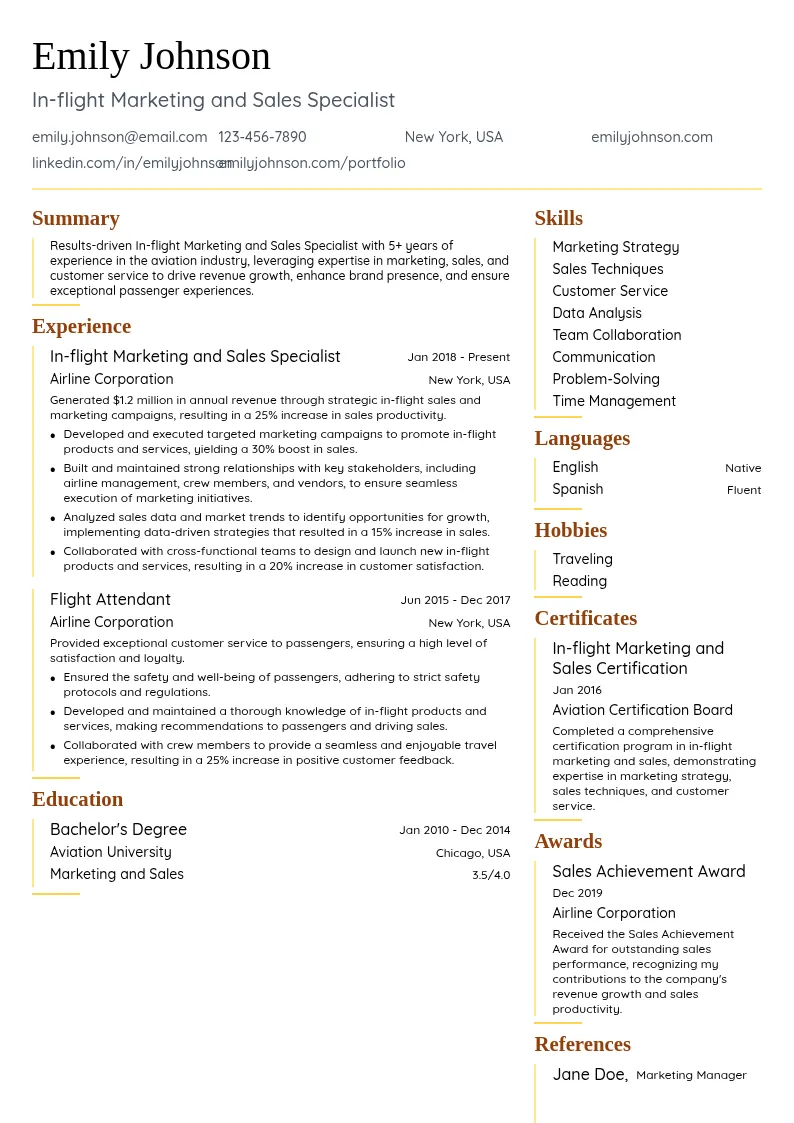 In-flight Marketing and Sales Specialist resume example