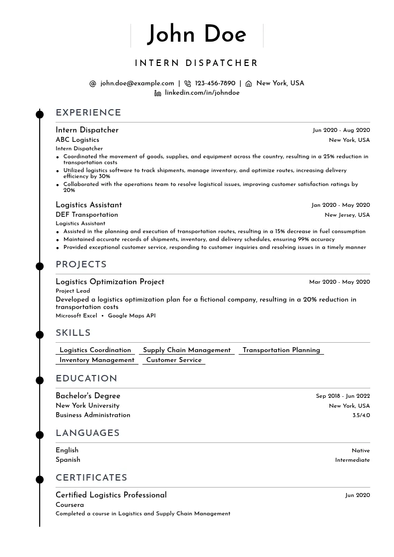Intern Dispatcher resume example