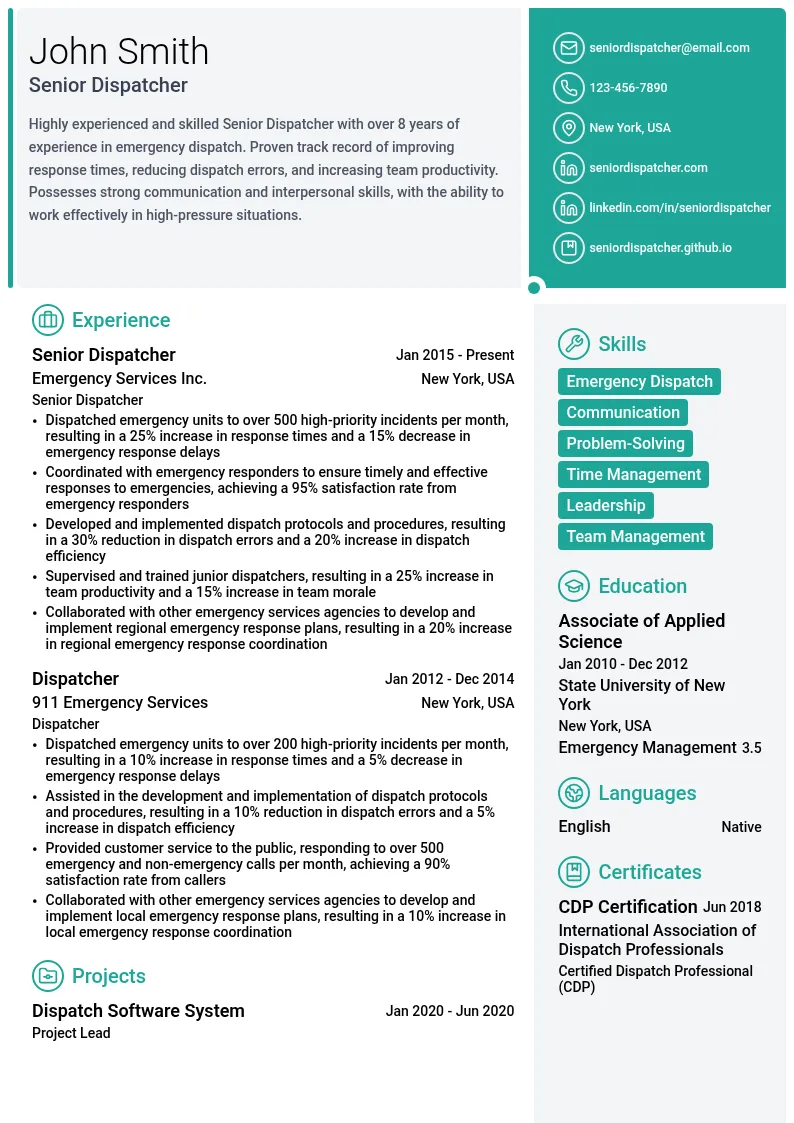 Senior Dispatcher resume example