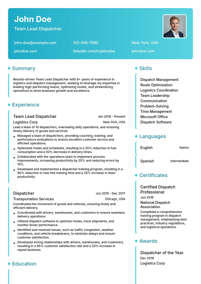 Team Lead Dispatcher resume example