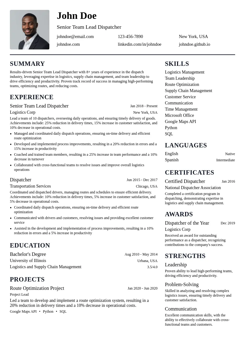 Senior Team Lead Dispatcher resume example