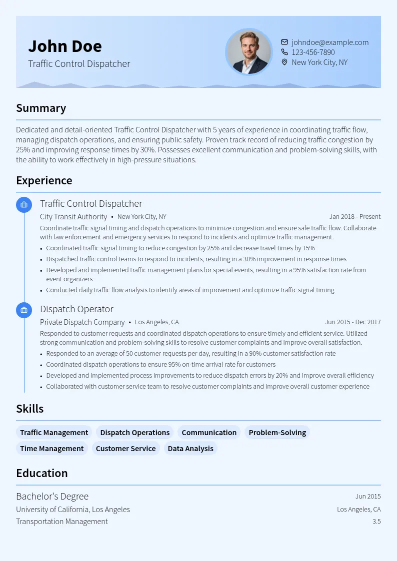Traffic Control Dispatcher resume example