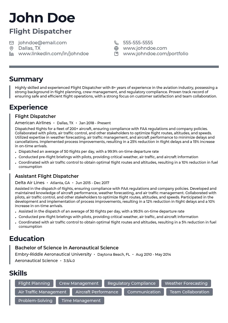 Flight Dispatcher resume example