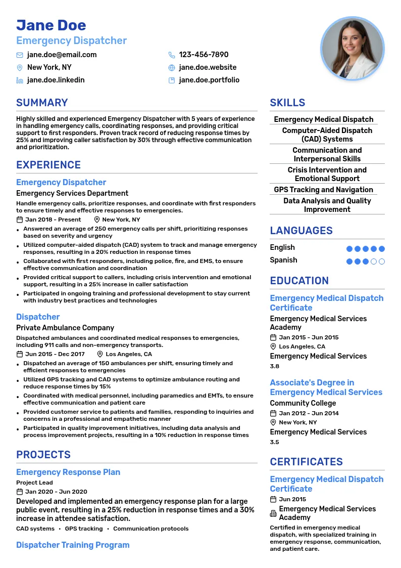 Emergency Dispatcher resume example
