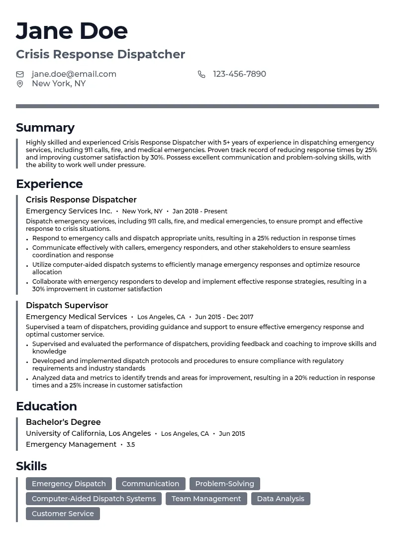 Crisis Response Dispatcher resume example