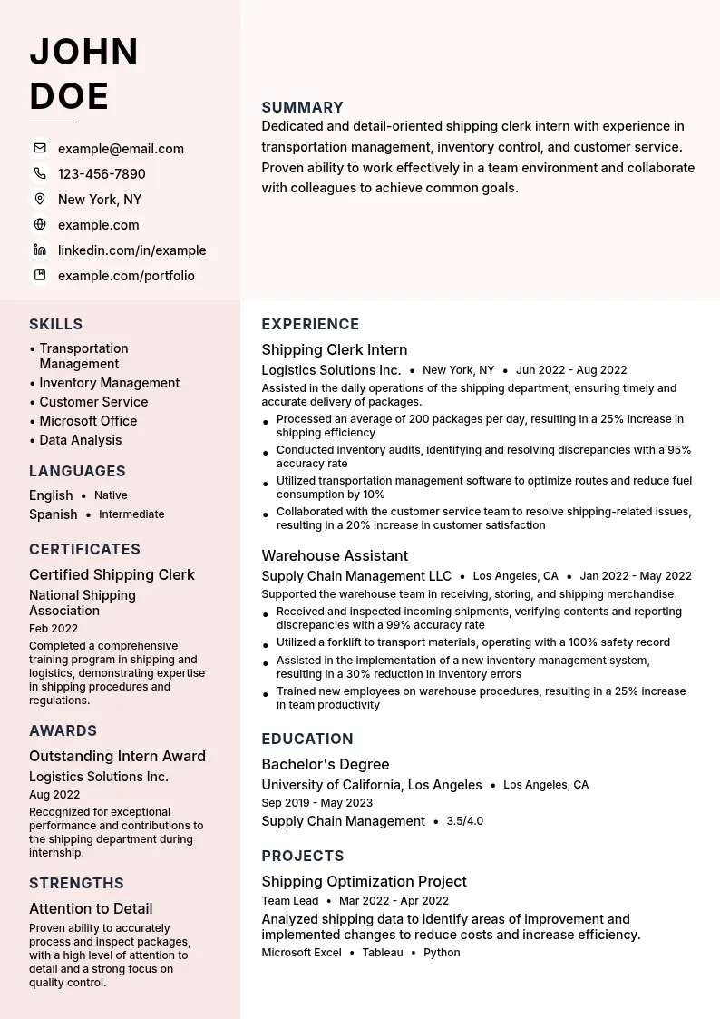 Shipping Clerk Intern resume example