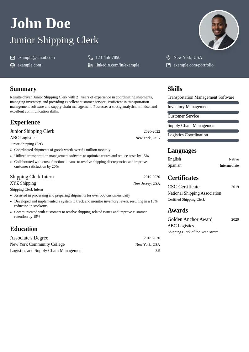 Junior Shipping Clerk resume example