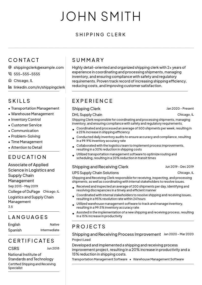Shipping Clerk resume example