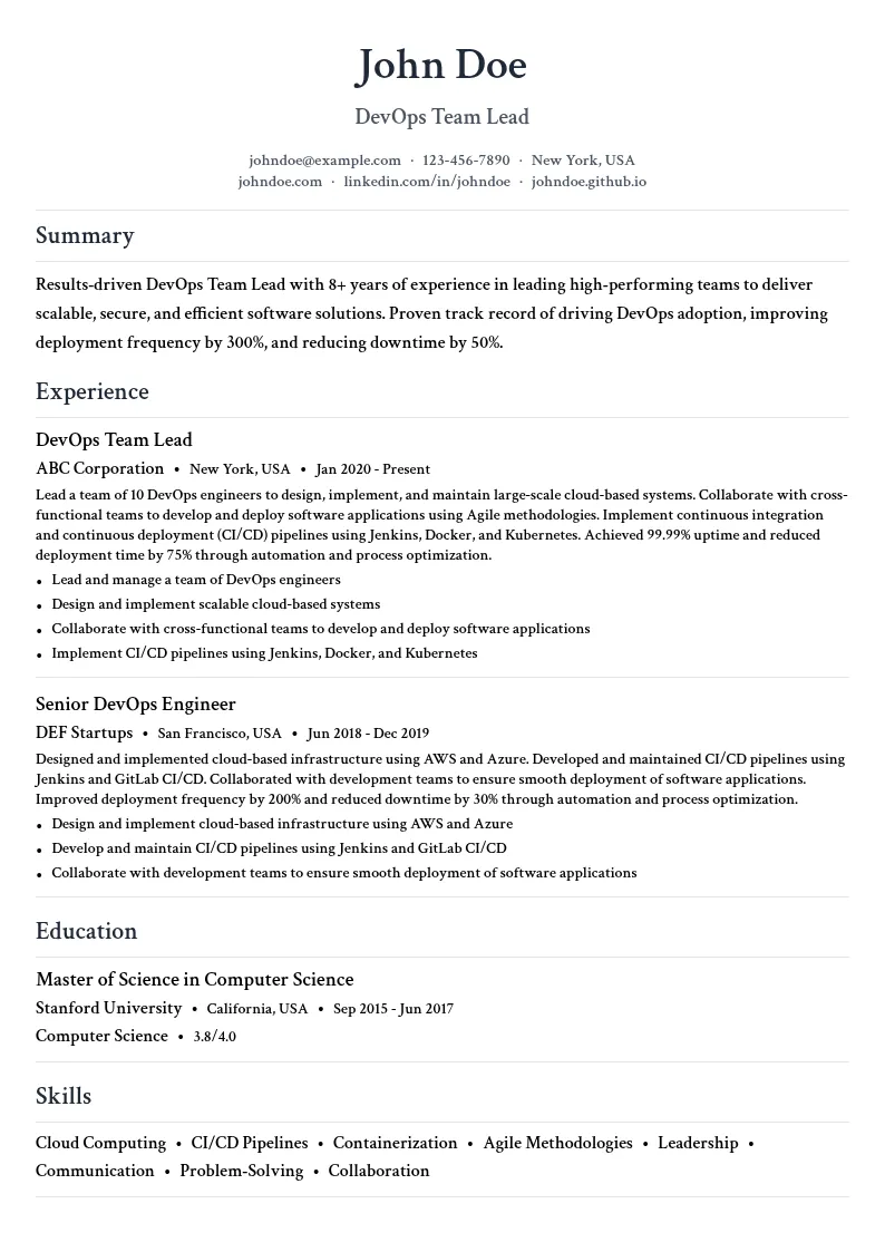 DevOps Team Lead resume example