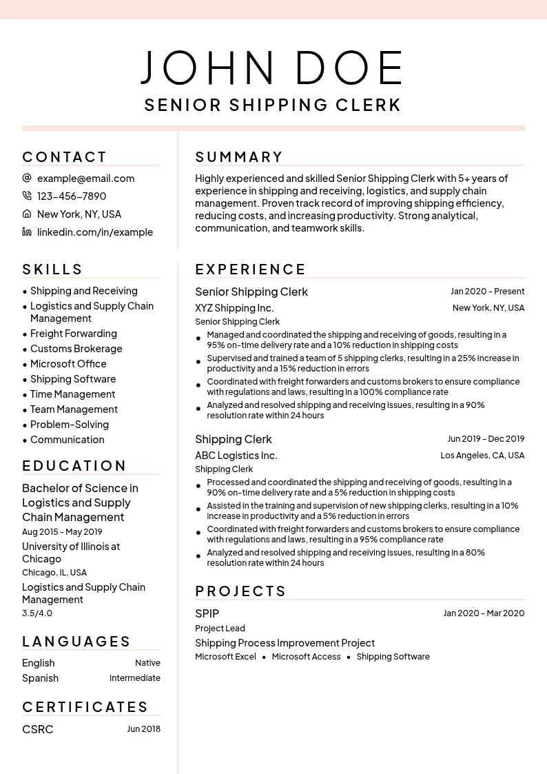 Senior Shipping Clerk resume example