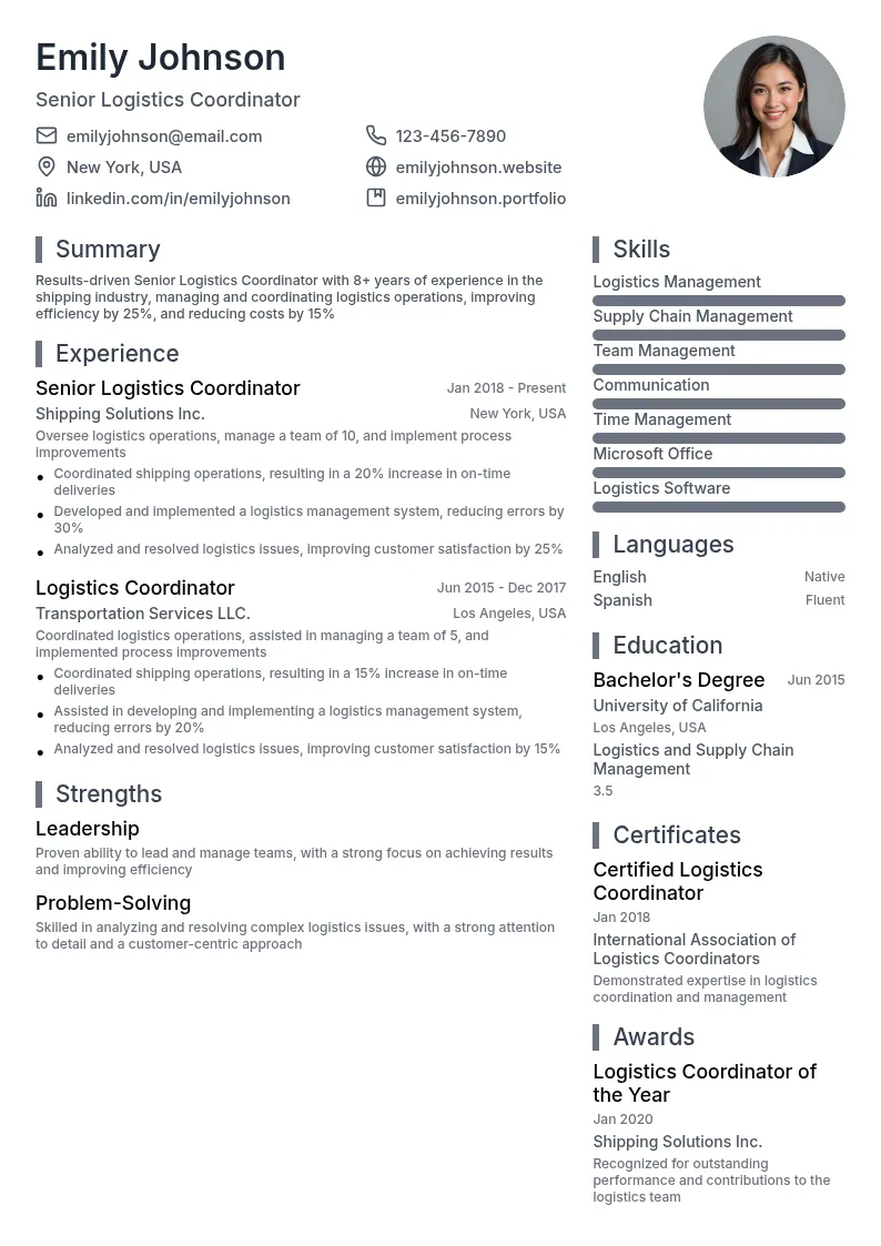 Senior Logistics Coordinator resume example