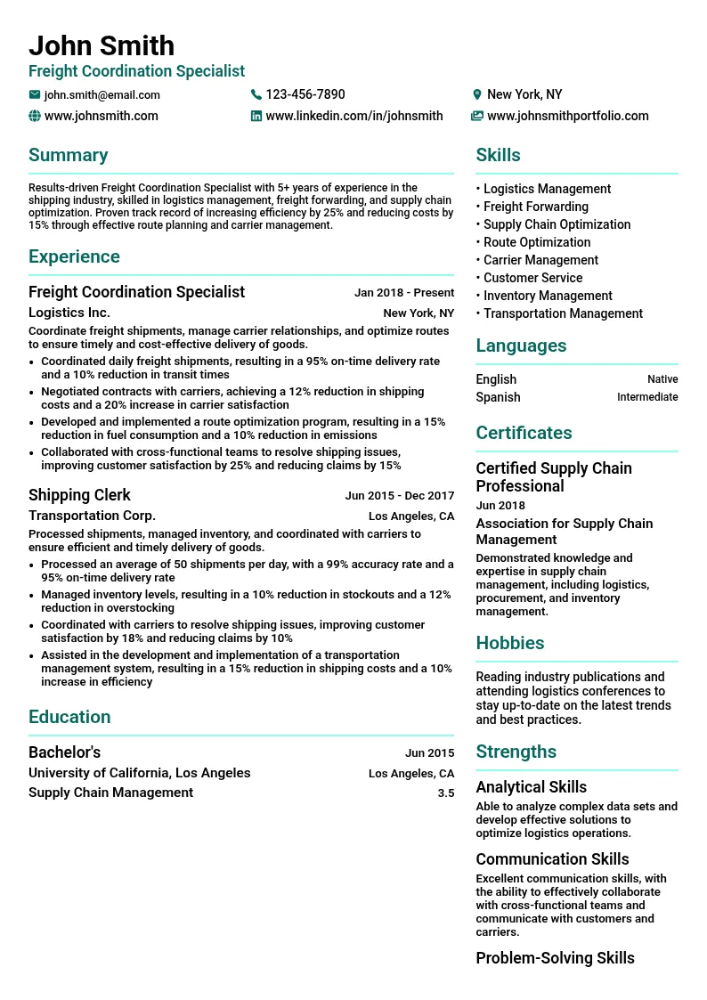 Freight Coordination Specialist resume example