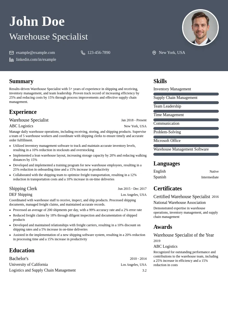 WAREHOUSE Specialist resume example