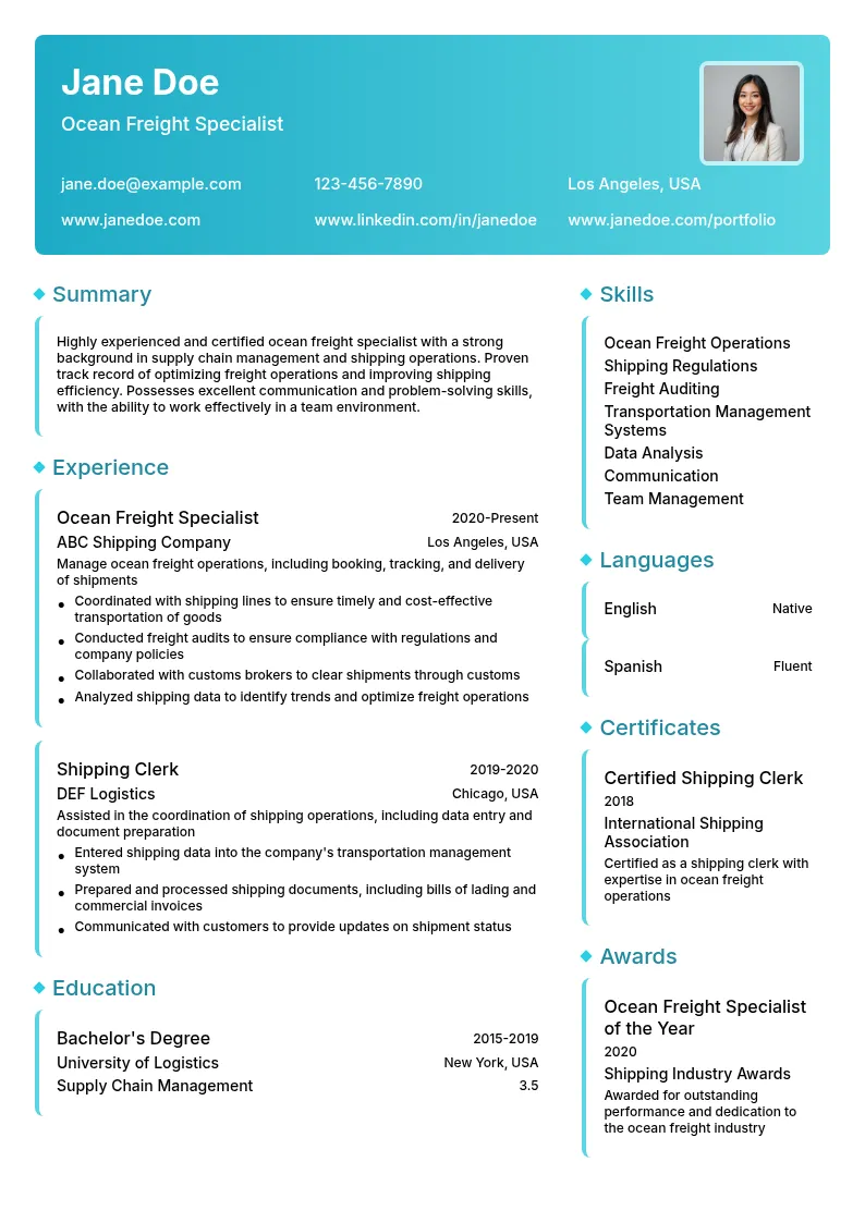 Ocean Freight Specialist resume example