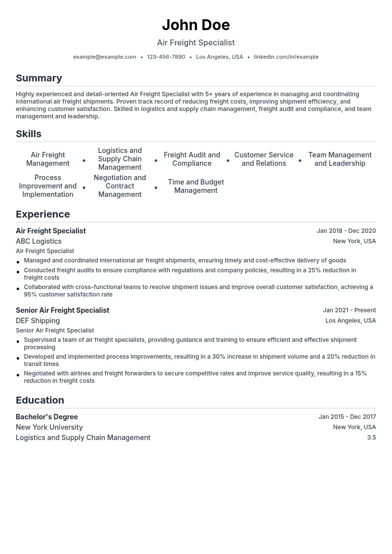 Air Freight Specialist resume example