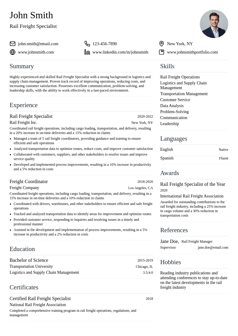 Rail Freight Specialist resume example
