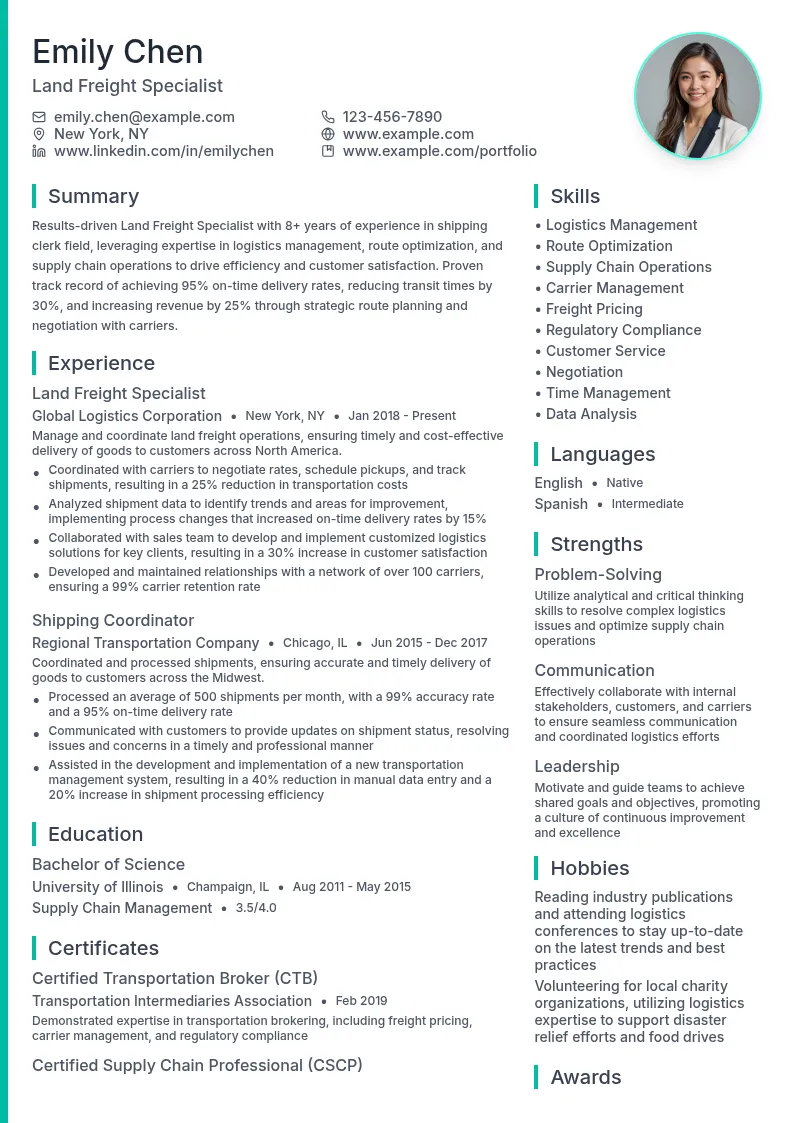 Land Freight Specialist resume example
