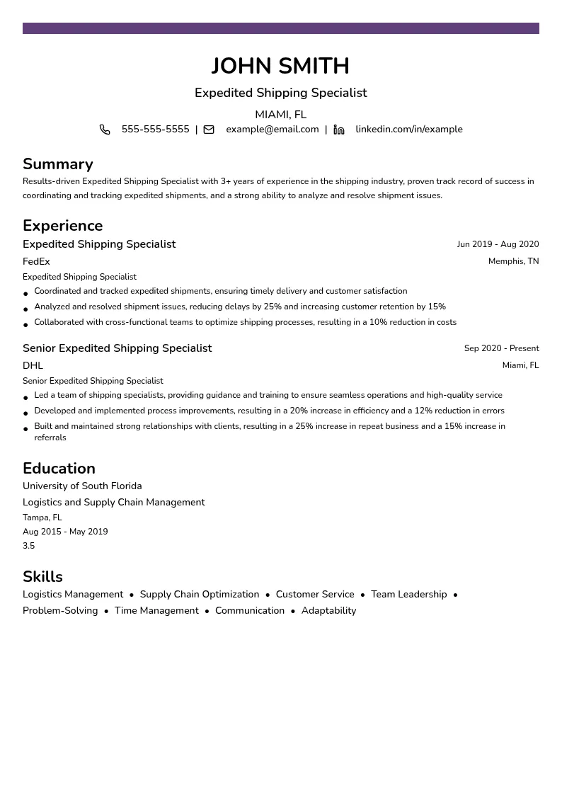 Expedited Shipping Specialist resume example