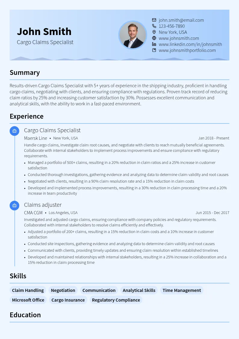 Cargo Claims Specialist resume example