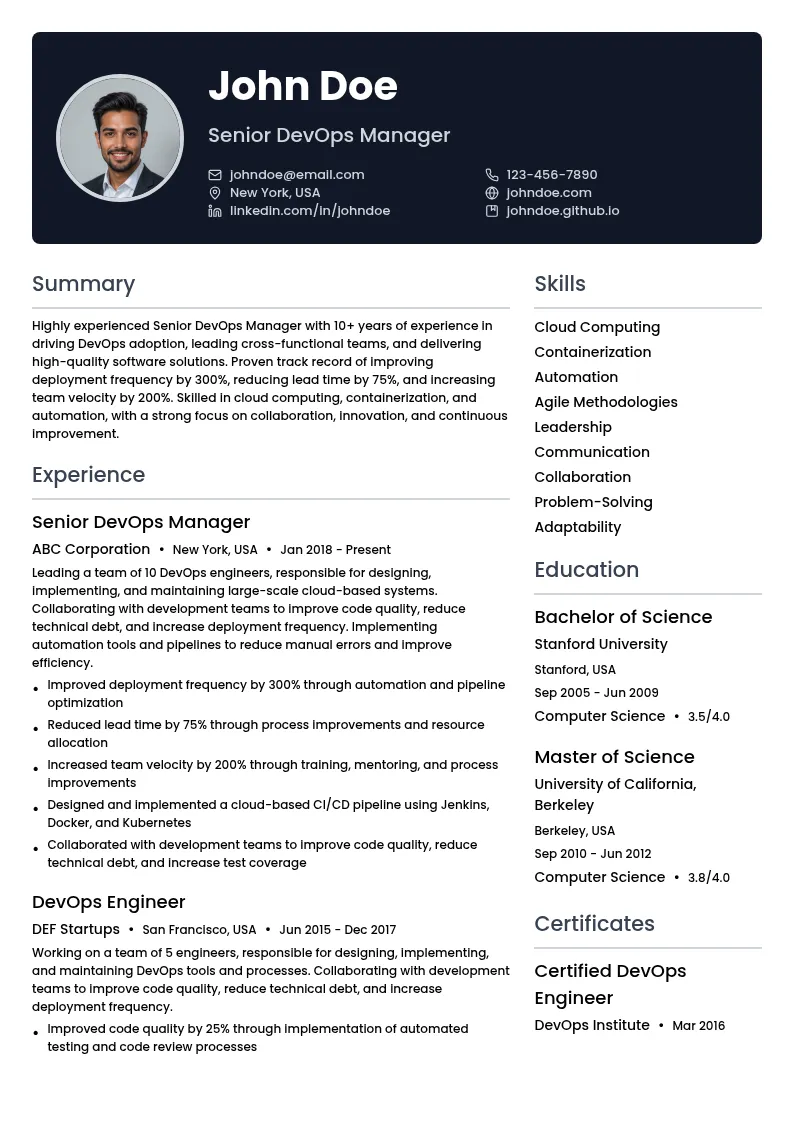 Senior DevOps Manager resume example