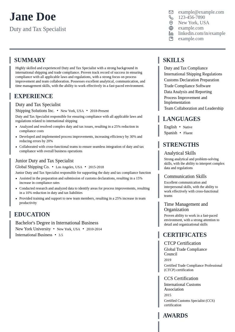 Duty and Tax Specialist resume example