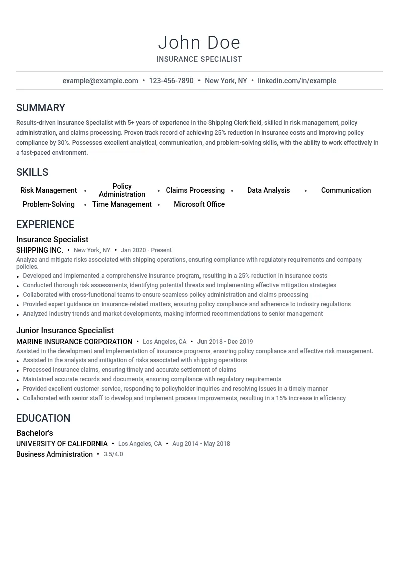 Insurance Specialist resume example