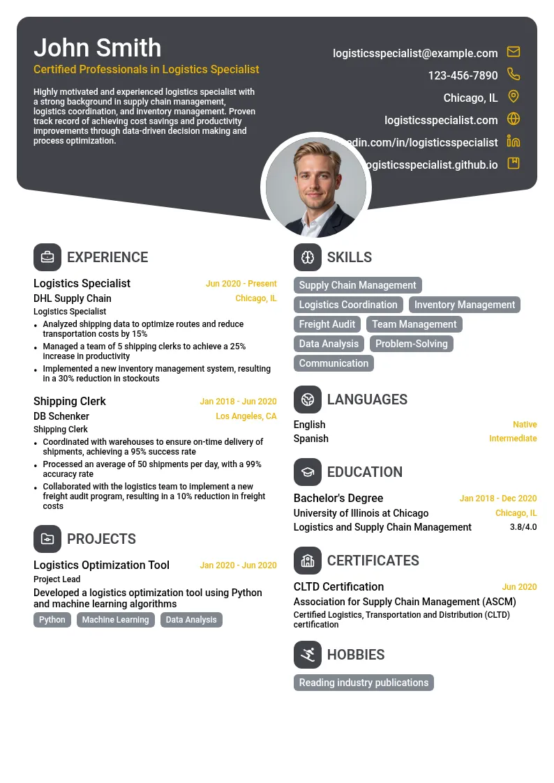 Certified Professionals in Logistics Specialist resume example