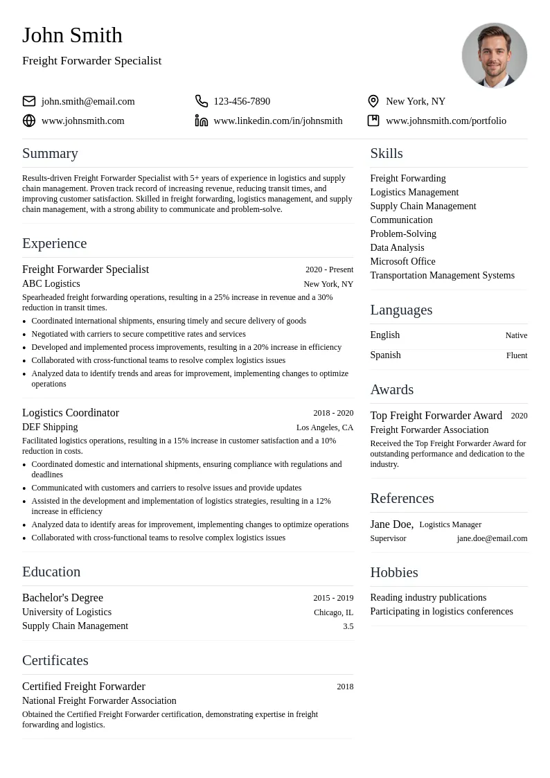 Freight Forwarder Specialist resume example