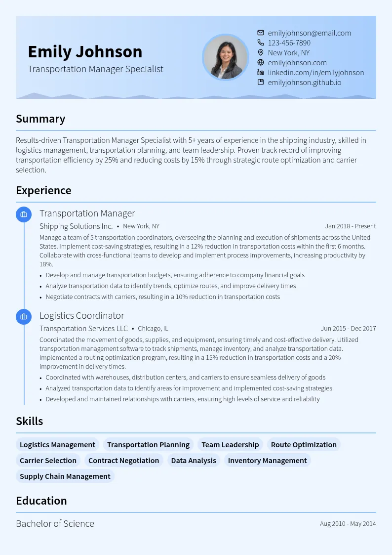 Transportation Manager Specialist resume example