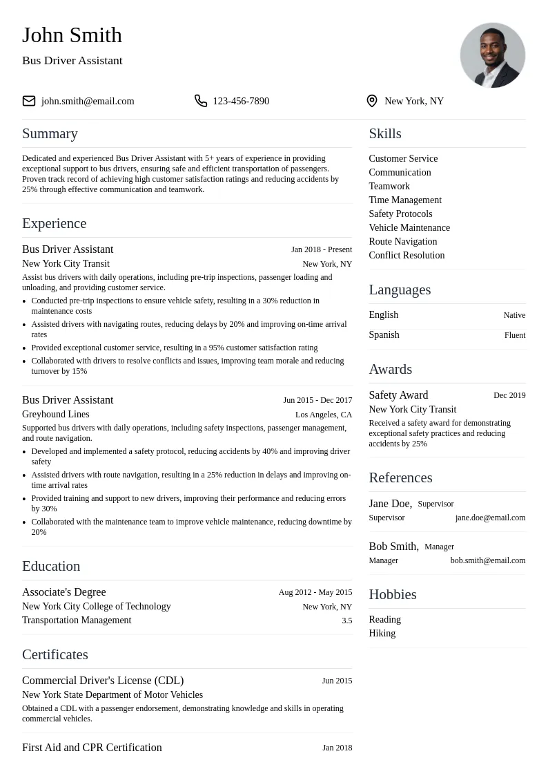 Bus Driver Assistant resume example