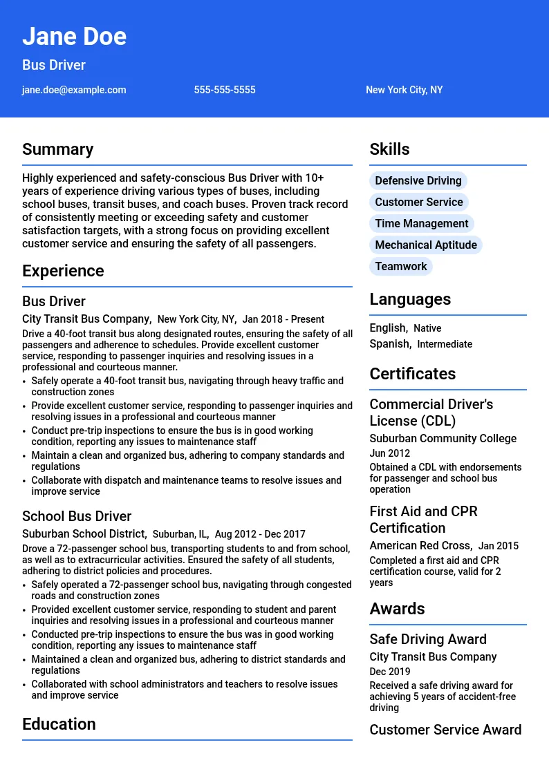 Bus Driver resume example