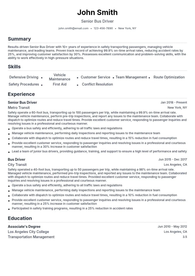 Senior Bus Driver resume example