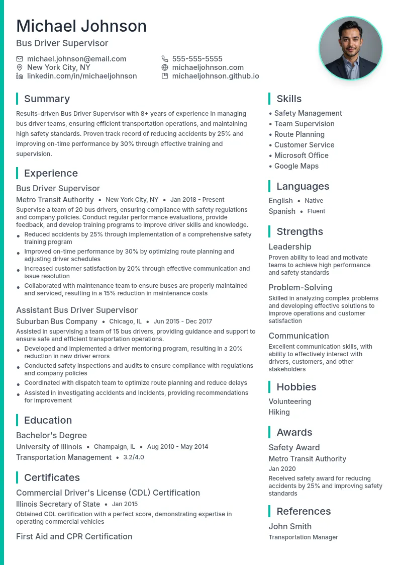 Bus Driver Supervisor resume example