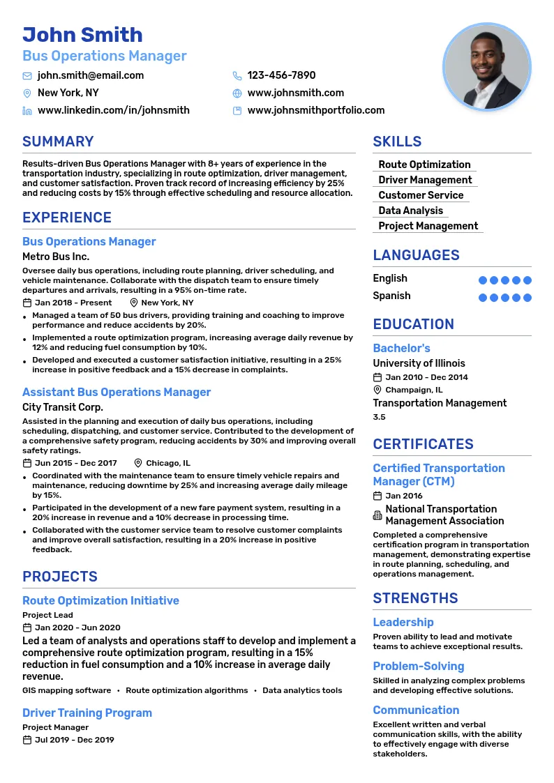 Bus Operations Manager resume example