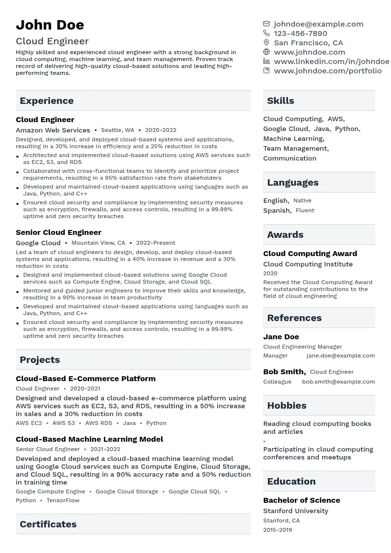Cloud Engineering resume example