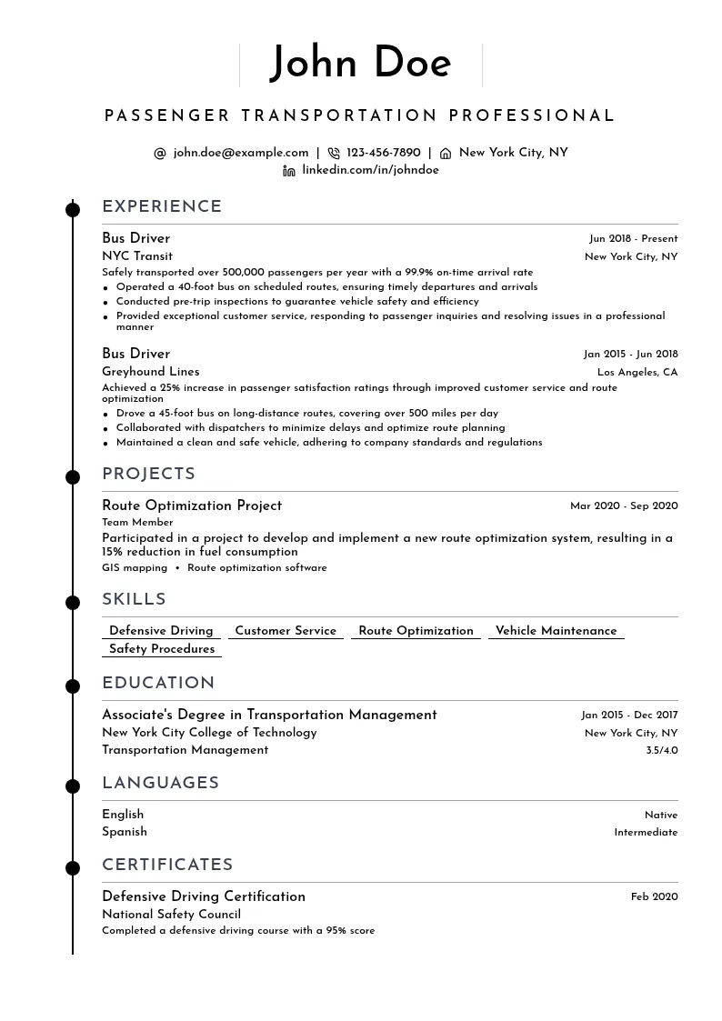 Passenger Transportation resume example