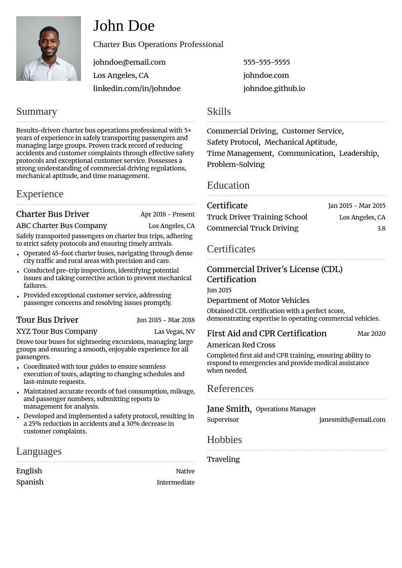 Charter Bus Operations resume example