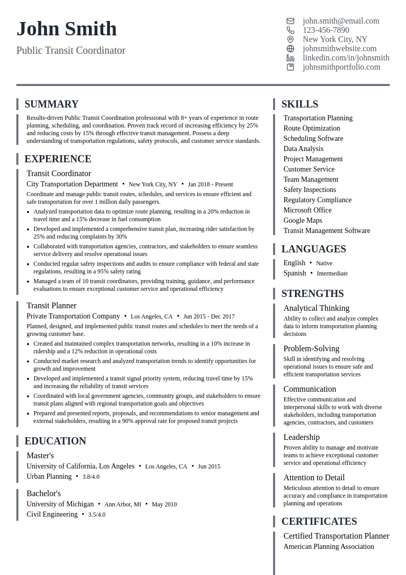 Public Transit Coordination resume example