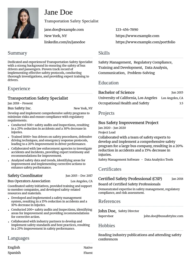 Transportation Safety Specialist resume example