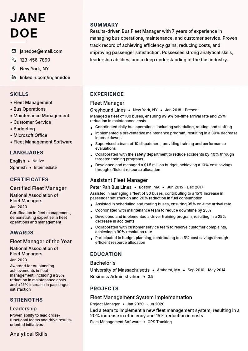Bus Fleet Manager resume example